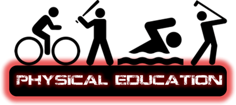 Physical Education banner with a stick figure biking, swinging a bat, swimming, and golfing
